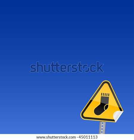 Yellow road warning sign with sock symbol and with curved corner on a cobalt sky background