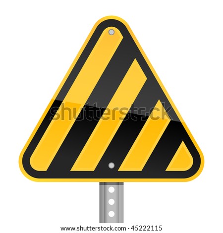 Hazard yellow road warning sign with warning stripes symbol on a white background