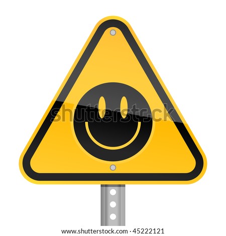 stock vector Hazard yellow road warning sign with black smiley face symbol