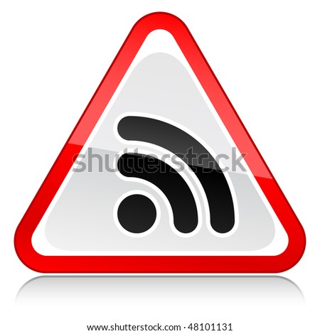Red attention warning sign with RSS sign and gray reflection on white background