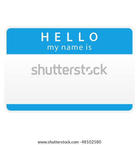 Blue name tag blank sticker «HELLO. My name is» on white background