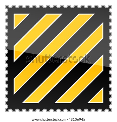 Yellow hazard warning postage stamp with warning stripes on white background