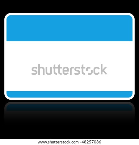 Blank blue name tag «HELLO. My name is» sticker with reflection on black background