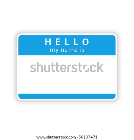 Blue empty name tag «HELLO. My name is» with shadow on white