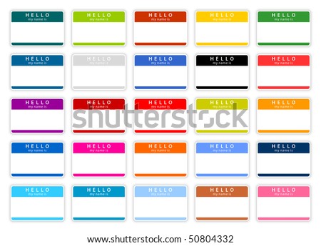 Colored name tag sticker set «HELLO. My name is» with shadow on white background