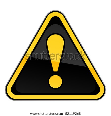 Yellow and black hazard warning attention road sign with exclamation mark on white background