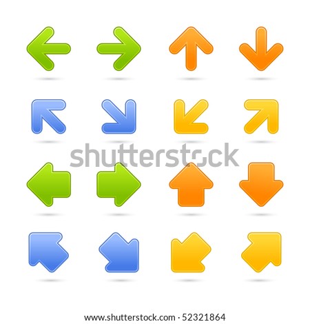 Colored satined internet web button arrow set with shadow on white background