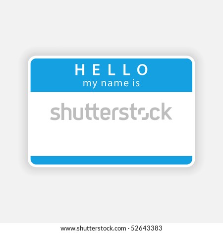Blue blank name tag sticker «HELLO. My name is» with shadow on gray background