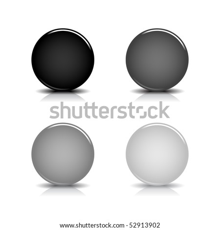 Grayscale blank round glossy web button with shadow and reflection on white background