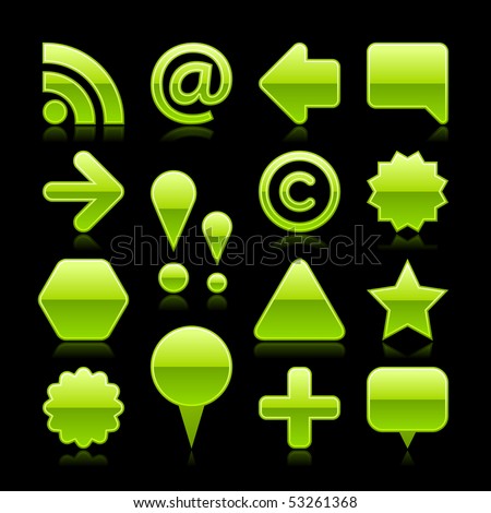 Green glossy slass web icon button set with color reflection isolated on black background