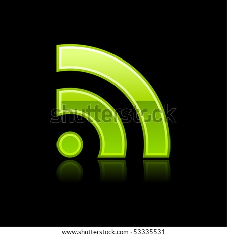 Glossy green RSS icon web 2.0 button with color reflection on black background