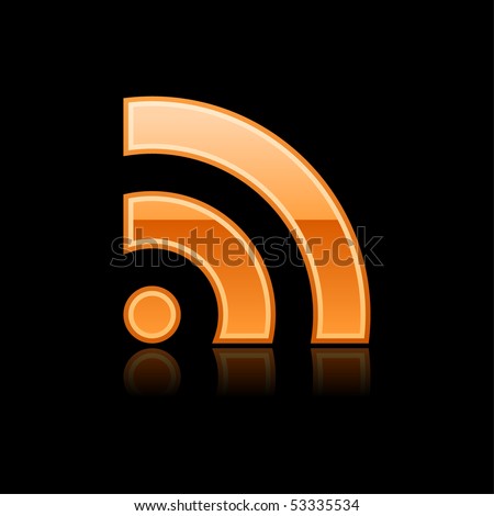 RSS symbol glossy orange web icon button with reflection on black background