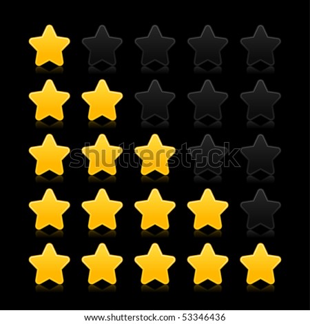 Five matted yellow web button stars ratings with reflection isolated on black background