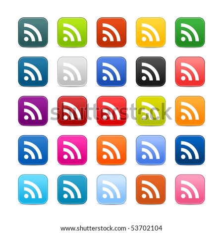 Colored satined web 2.0 buttons with RSS symbol sign with shadow on white background