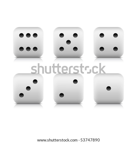 Web button white casino dice icon with shadow and reflection on white background