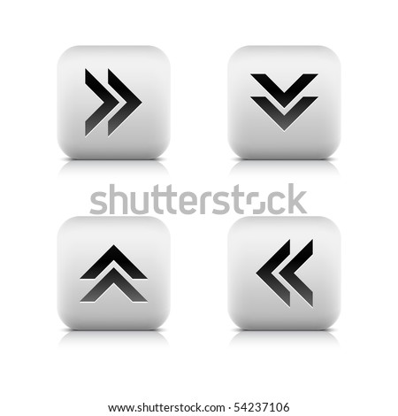 Stone arrow sign web button. White rounded shape with reflection and shadow on white