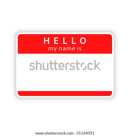 Red blank name tag «HELLO. My name is» sticker with shadow on white background
