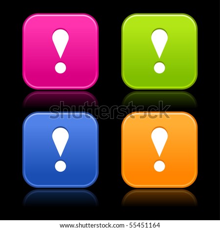 Colored satined rounded shapes with reflection on black background. Attention sign on web 2.0 internet buttons