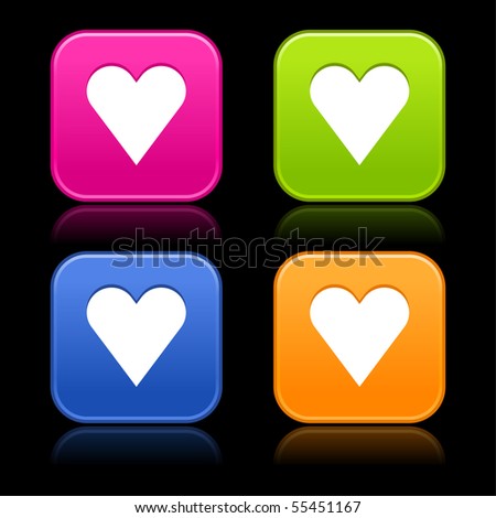Colorful matted rounded shapes with reflection on black background. Heart sign on web 2.0 internet buttons
