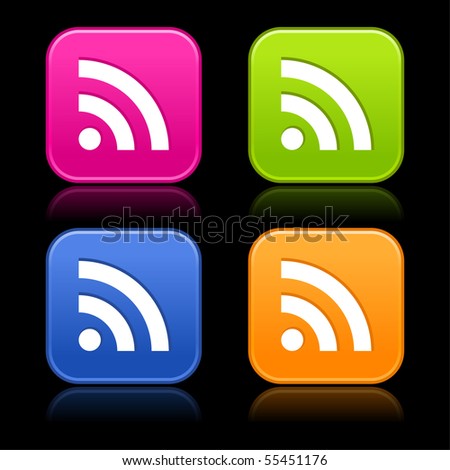 Colored matted rounded shapes with reflection on black background. RSS sign on web 2.0 internet buttons