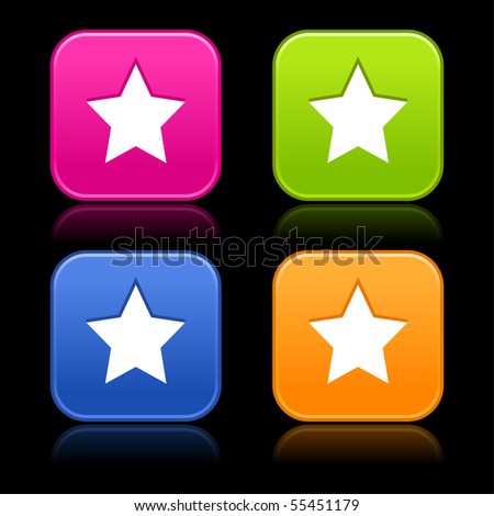 Colorful smooth rounded shapes with reflection on black background. Star sign on web 2.0 internet buttons