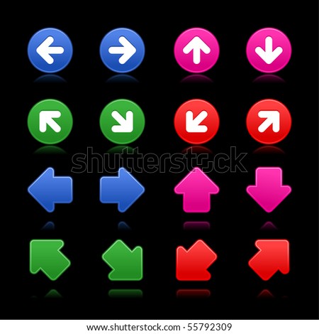 Arrow sign web 2.0 internet buttons. Smooth colorful shapes with reflections and shadows on black background