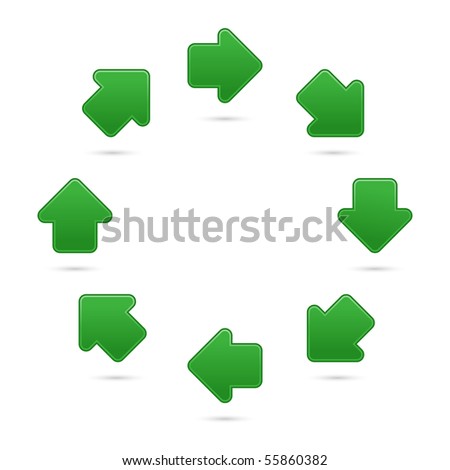 Green arrow symbol web 2.0 internet button. Matted colorful shapes with shadow on white background