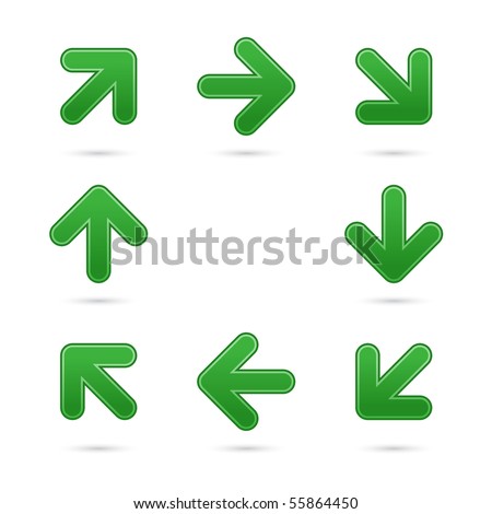 Green smooth arrow sign web 2.0 button. Colorful shapes with shadow on white background