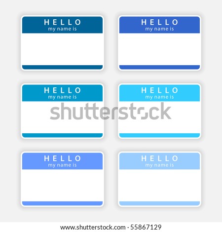 Badge name tag HELLO my name is. Colored empty stickers with shadow on gray background