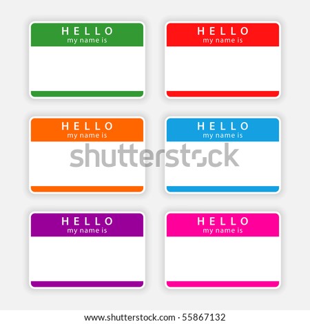 Badge name tag HELLO my name is. <b>Colorful blank label with shadow on gray background