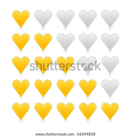 Yellow satin heart ratings web button with shadow and reflection on white