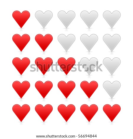 Red smooth heart ratings web button with shadow and reflection on white background