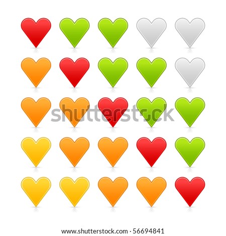 Colored satin heart ratings web button with shadow and reflection on white