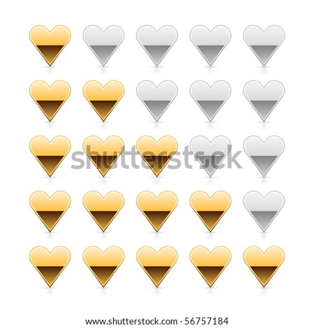 Gold five heart ratings web button with shadow and reflection on white background