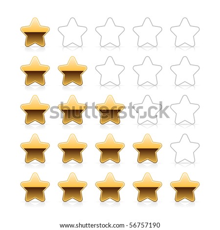 Gold five stars ratings web button with shadow and reflection on white background