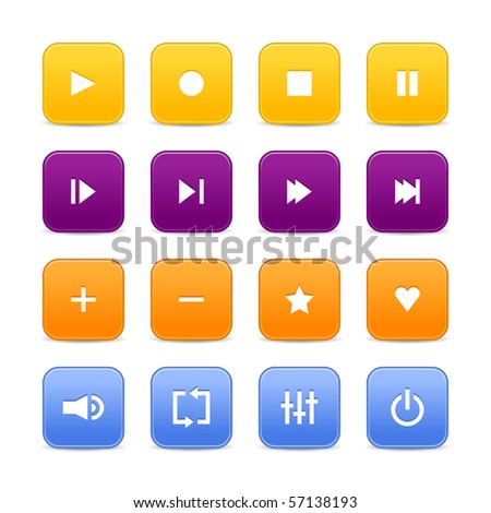 16 media audio video control web 2.0 buttons. Colored rounded square shapes with shadow on white background