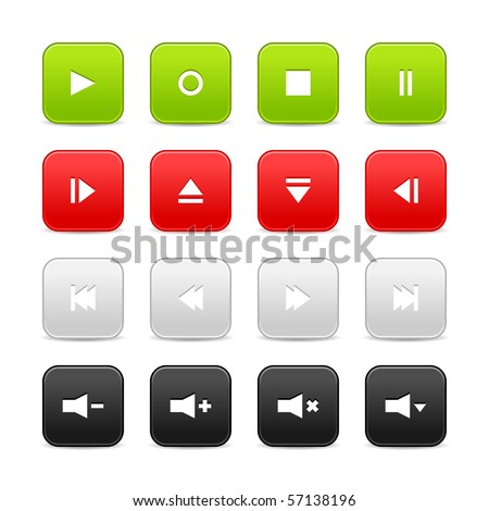 16 media audio video control web 2.0 buttons. Colorful rounded square shapes with shadow on white background