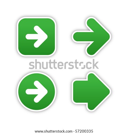 4 web 2.0 button stickers arrow sign. Smooth green shapes with shadow on white background
