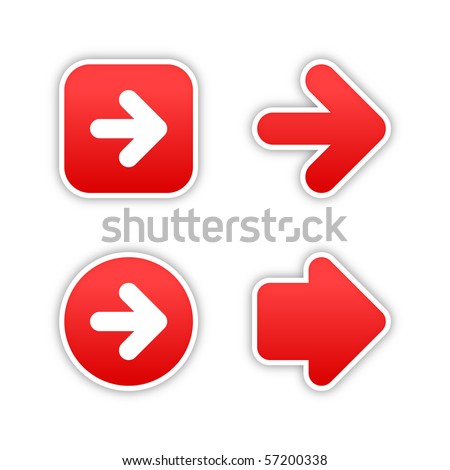 4 web 2.0 button stickers arrow sign. Smooth red shapes with shadow on white background