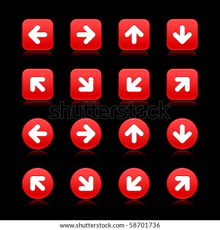 Arrow symbol web internet buttons. Red smooth square and round shapes with reflections on black