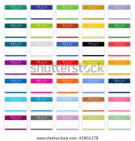 35 colored badge name tag HELLO my name is. Blank sticker with shadow on white background