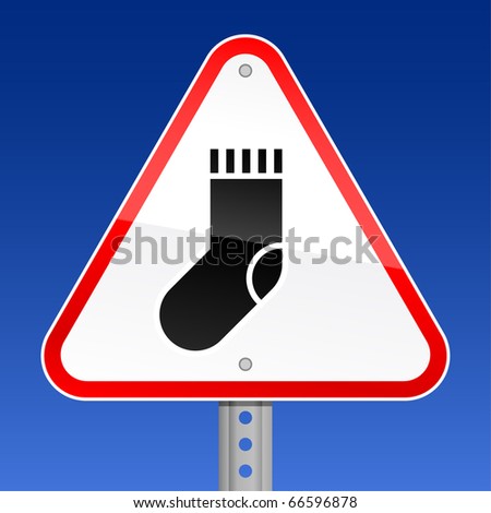Triangular red road warning sign with black sock symbol on blue sky background