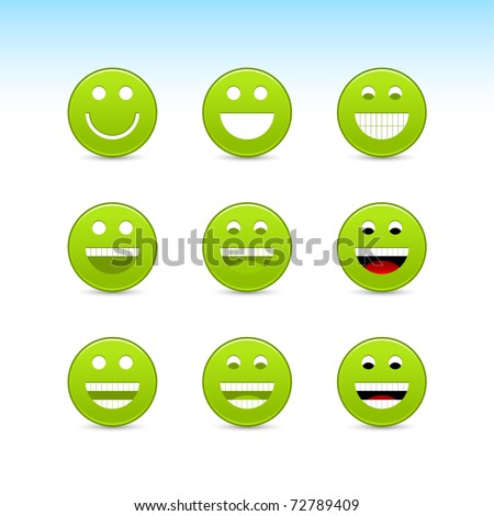 Green smiling face web button with gray shadow on white background