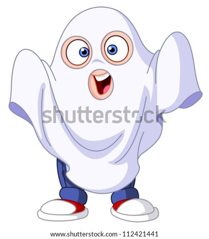 stock vector : Cute kid in a ghost costume celebrating Halloween