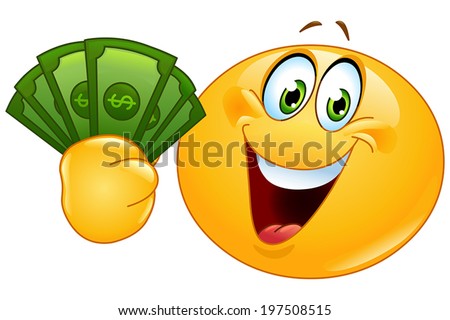 Happy yellow ball holding dollar bills Happy yellow ball holding dollar bills