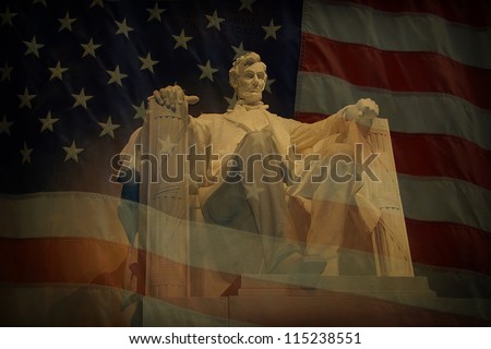 Statue of Abraham Lincoln at the Lincoln Memorial with superimposed American flag and grunge texture.