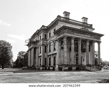 The Vanderbilt Mansion National Historic Site in Hyde Park, New York, black and white.