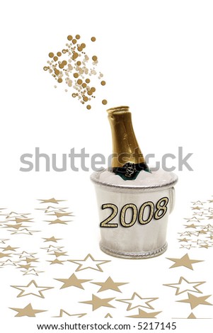 New Years 2008 theme .. Bubbling champagne chilling in ice bucket on gold star background
