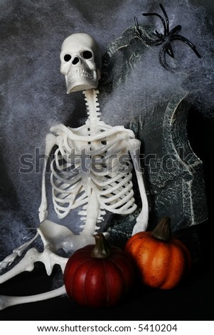 Skeleton sitting against grave stone with cobwebs, spider and pumpkins