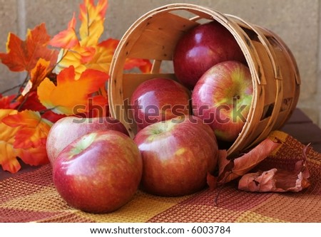 Bushel of red apples and autumn leaves